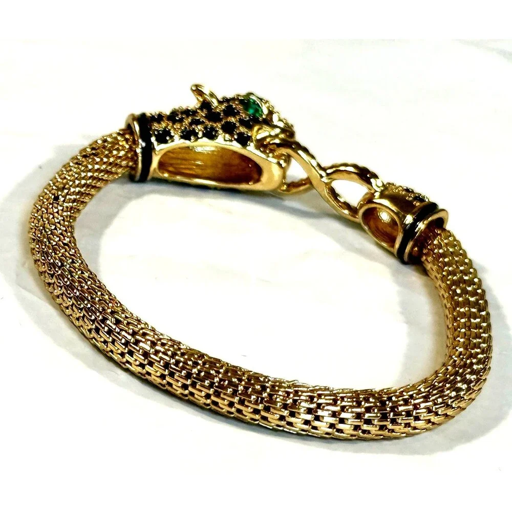 Vintage Double Leopard Panther Mesh Bracelet Green Eyes Gold Tone Statement